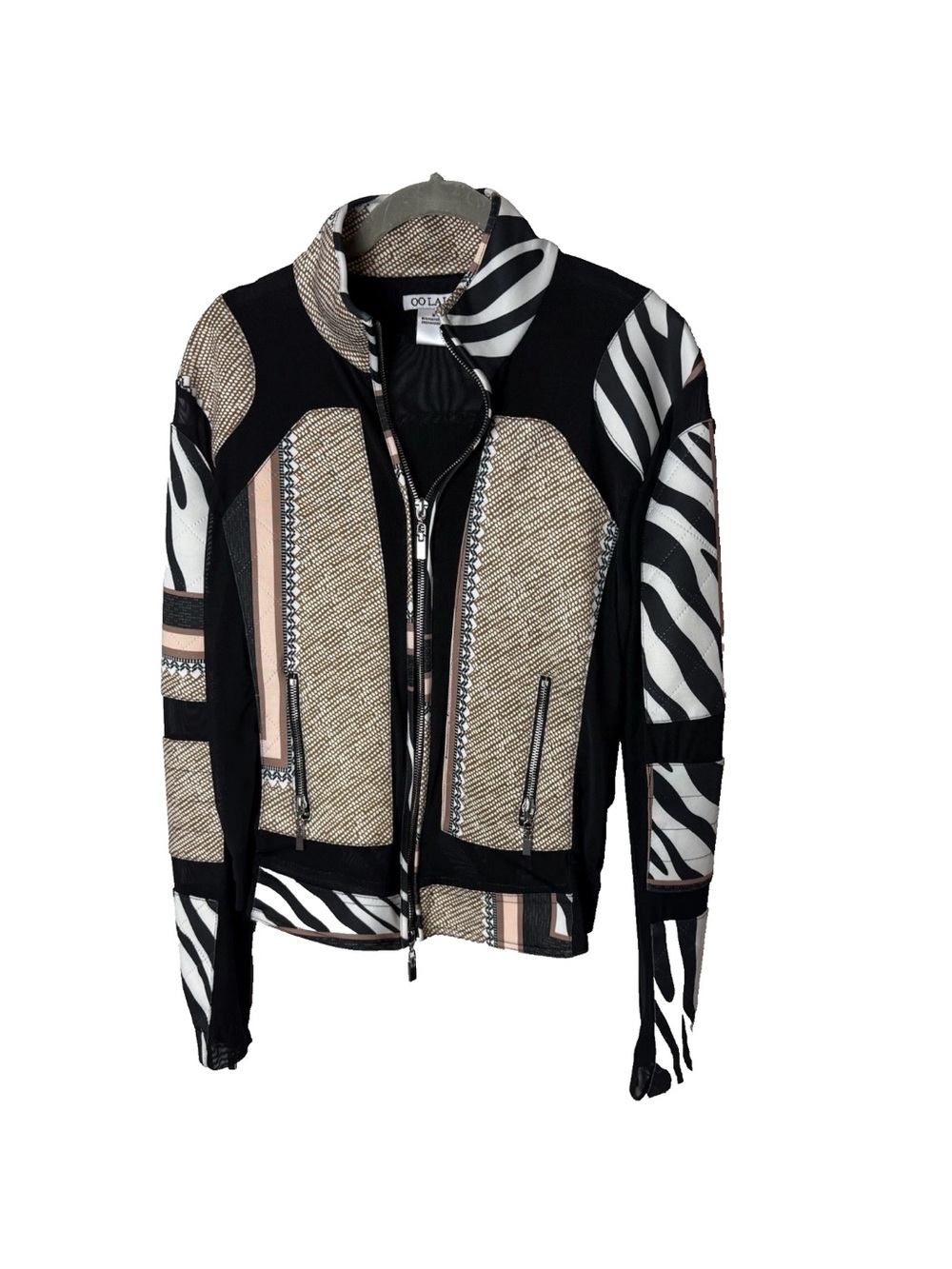 OO LA LA Zebra Print Combo Zip Jacket Size Medium Black Brown Peach White #M6047